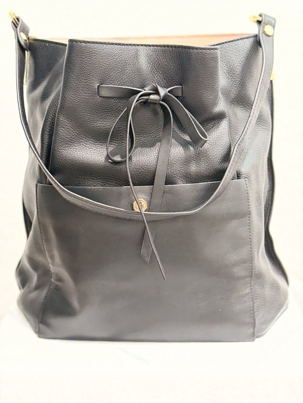 Louise et Cie Black Leather Drawstring Tote with Front Pocket